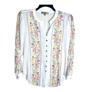 Figueroa & Flower White Light Weight Spring Floral Long Sleeve Blouse Large